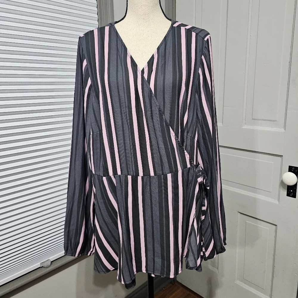 Torrid Crepe Surplice Top in Pink Stripe Long Sleeve Blouse
